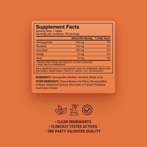 500mg - Amla, Ashwagandha, Holy Basil, Rhodiola, Shilajit Tablets - Anti-Stress - Cardamon Vanilla Chai - Mood Tablets - Thumbnail 1